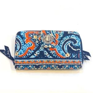 Vera Bradley turn lock zip wallet blues & oranges 8” by 5” navy blue orange